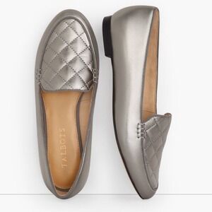 Talbots Metallic Flats Quilted Leather Loafer Silver Pewter Office Shoes Women 8